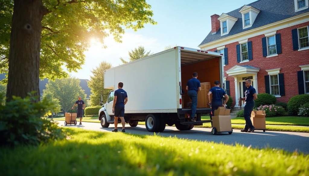 A professional moving crew loads boxes into a white truck outside a large brick home on a sunny summer day in Massachusetts, offering seasonal moving services.