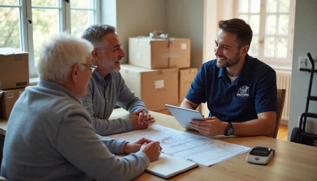 A moving company representative discusses an accurate quote with two senior clients at a table, surrounded by packed boxes and blueprints, in a well-lit room.