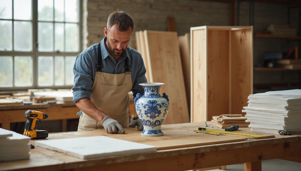 A craftsman in a workshop carefully measures and prepares custom crating materials around a delicate blue-and-white antique vase, ensuring secure packing for transport.