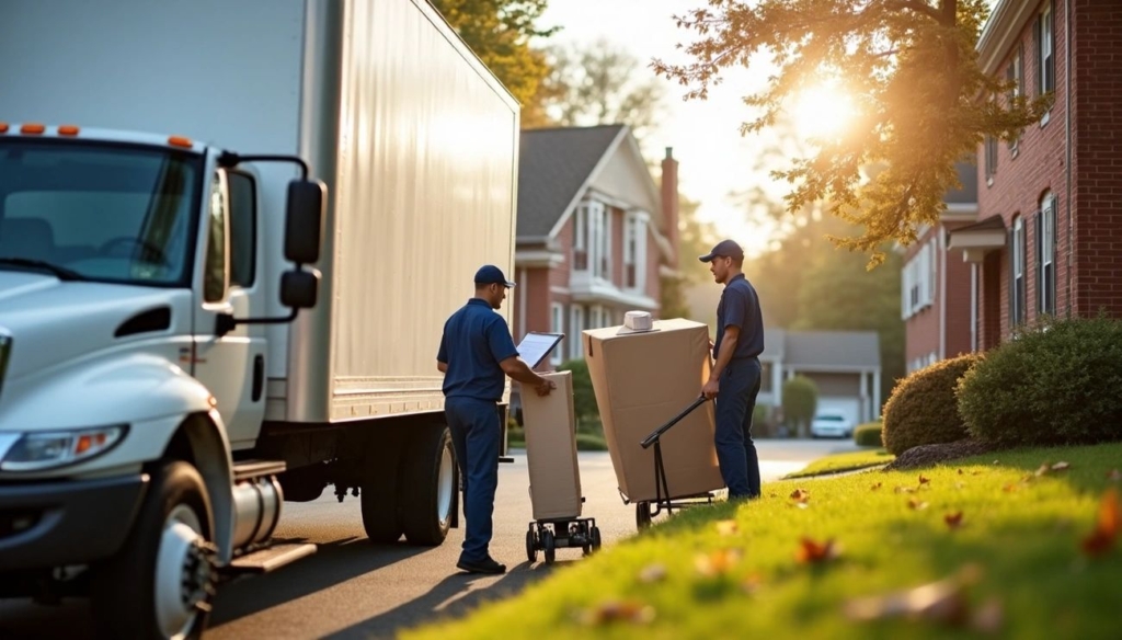 Two movers in blue uniforms unload boxes from a large white moving truck outside a red-brick suburban home in Massachusetts during a sunny fall morning.