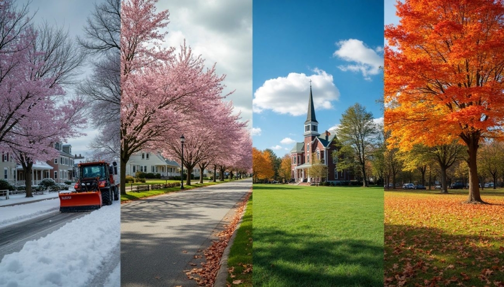 A split-panel image showing the four seasons in Massachusetts: snowy winter with a snowplow, blooming cherry blossoms in spring, a sunny summer day with a church on green grass, and vibrant orange fall foliage in autumn.