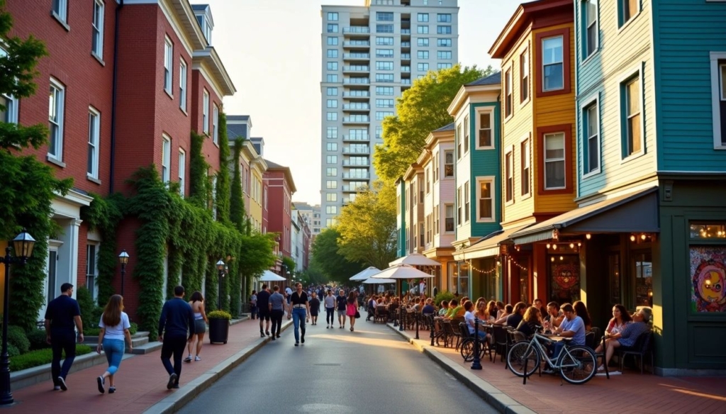 Street view with colorful buildings, outdoor dining, and people walking in a lively Cambridge or Somerville neighborhood.
