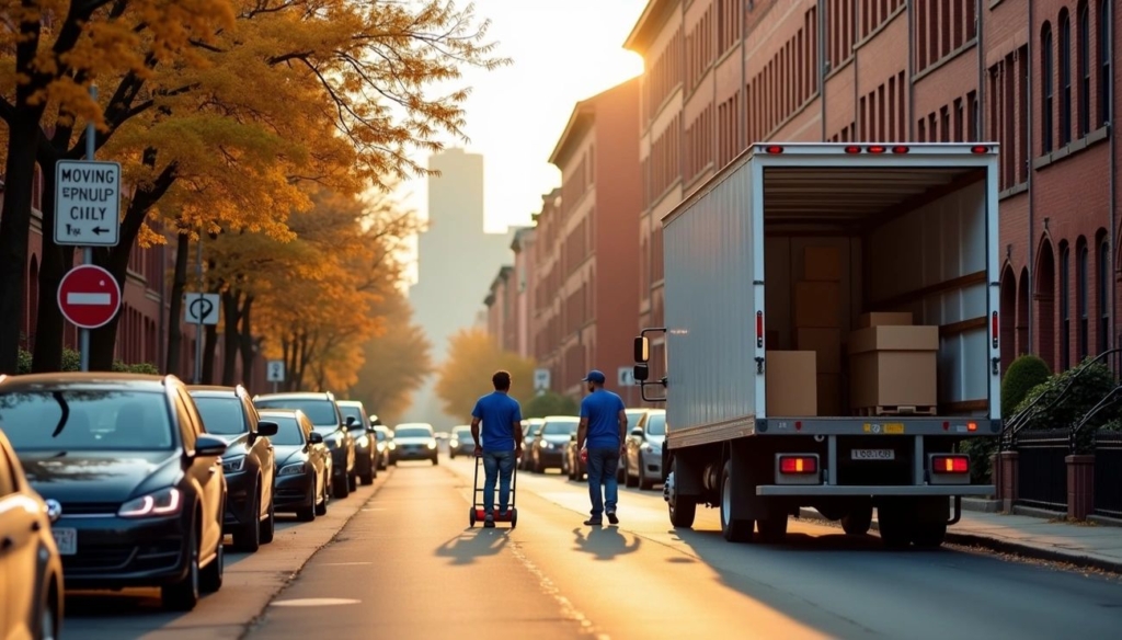 Two movers with boxes and a truck on a Boston street during sunset with traffic and autumn trees.