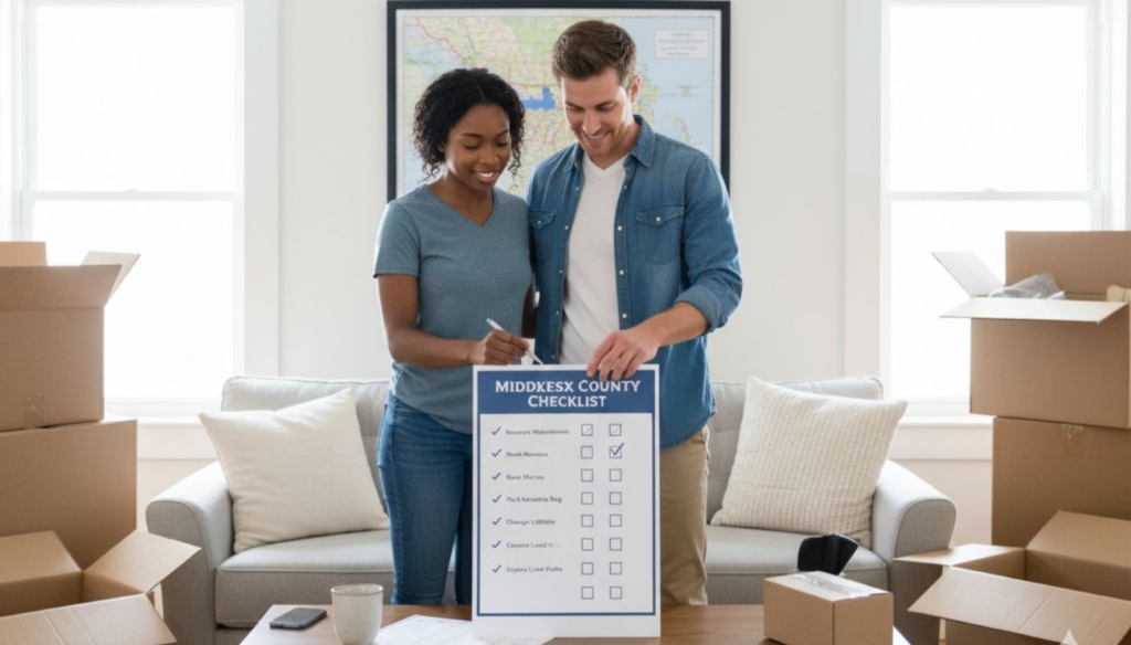 Couple reviewing a Middlesex County moving checklist at home surrounded by packing boxes.