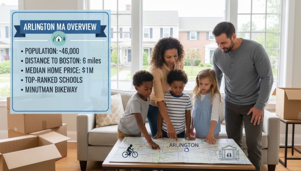 Family with children looking at a map of Arlington MA in their new home surrounded by moving boxes.