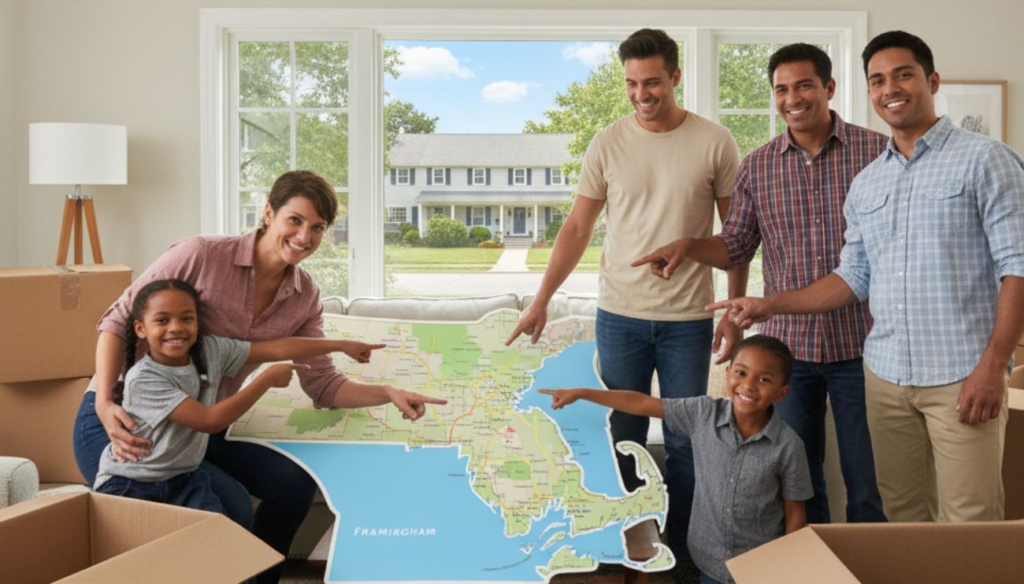 Family with moving boxes pointing at a large map of Massachusetts inside their new home.