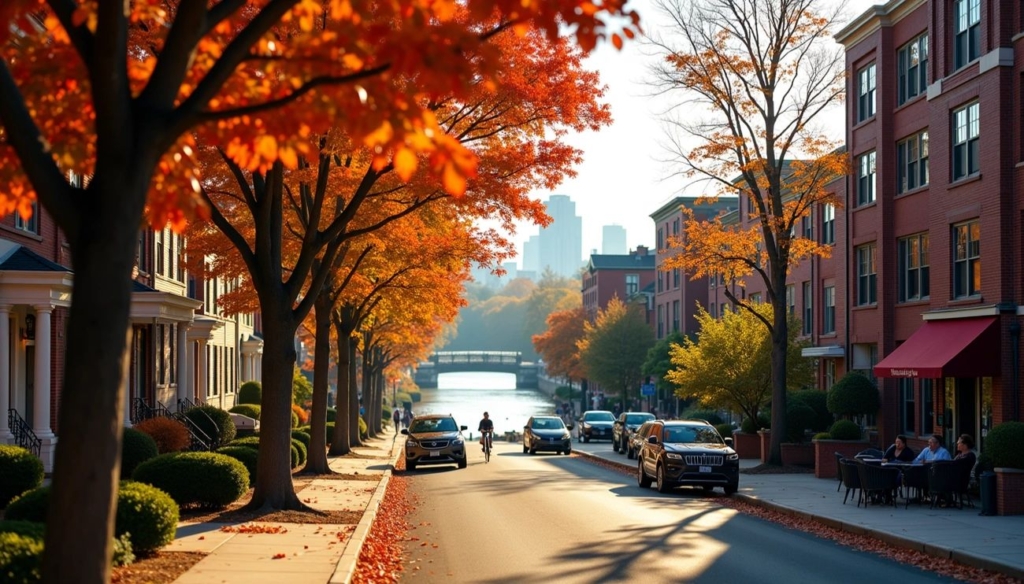Street in Watertown MA lined with red-brick buildings and autumn trees, with cars and a cyclist near the river.