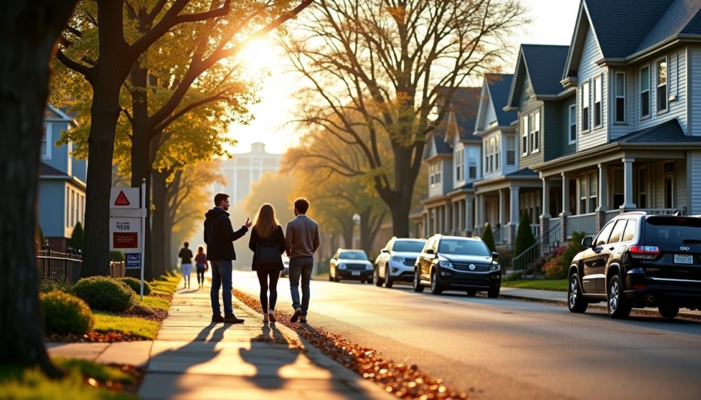 People walking along a tree-lined residential street in Malden MA at sunset with classic New England homes and parked cars.
