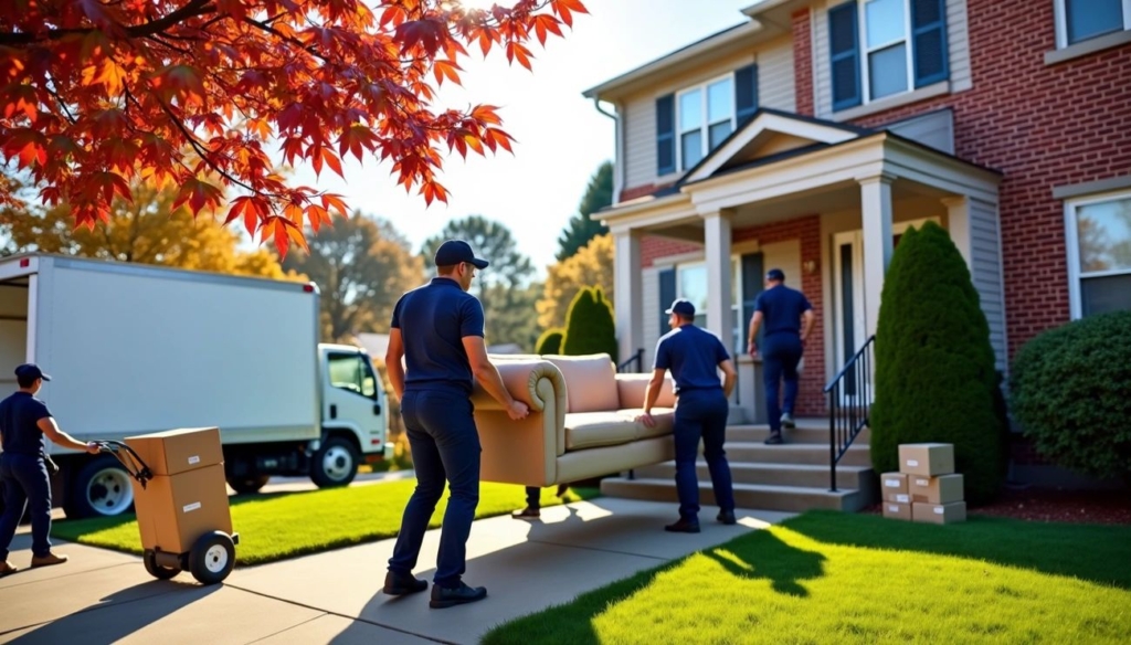 Professional movers in Newton MA loading furniture and boxes into a moving truck during autumn, in front of a suburban brick home.