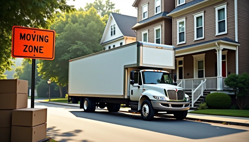 Moving truck parked in front of classic Somerville homes beside a “Moving Zone” sign, illustrating residential moving permit and parking regulations.