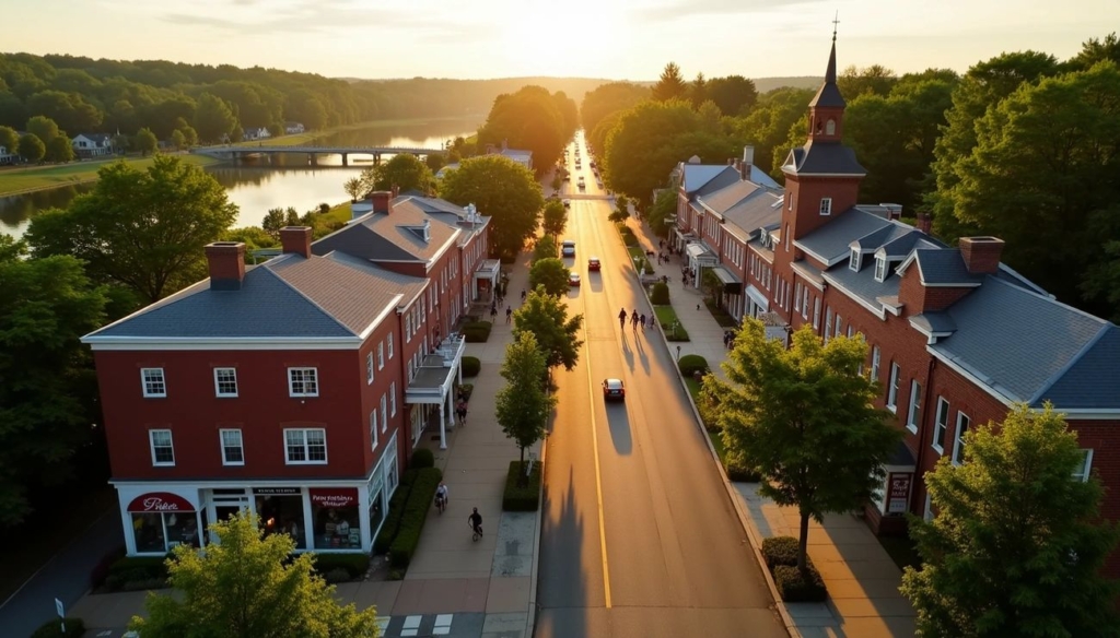 Aerial view of downtown Holliston, Massachusetts at sunset, featuring red-brick buildings, tree-lined streets, and the scenic bridge over Lake Winthrop.