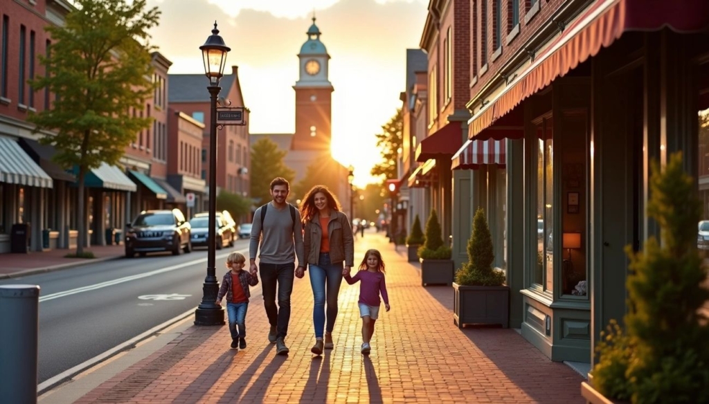 A young family walking hand-in-hand through downtown Hudson, Massachusetts at sunset, surrounded by historic brick buildings, shops, and warm evening light.