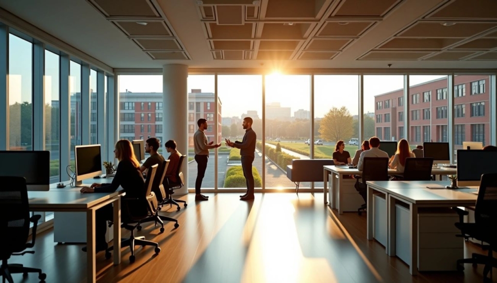Modern tech professionals collaborating in a bright Framingham office with large windows overlooking the city at sunset, symbolizing career growth and relocation opportunities.
