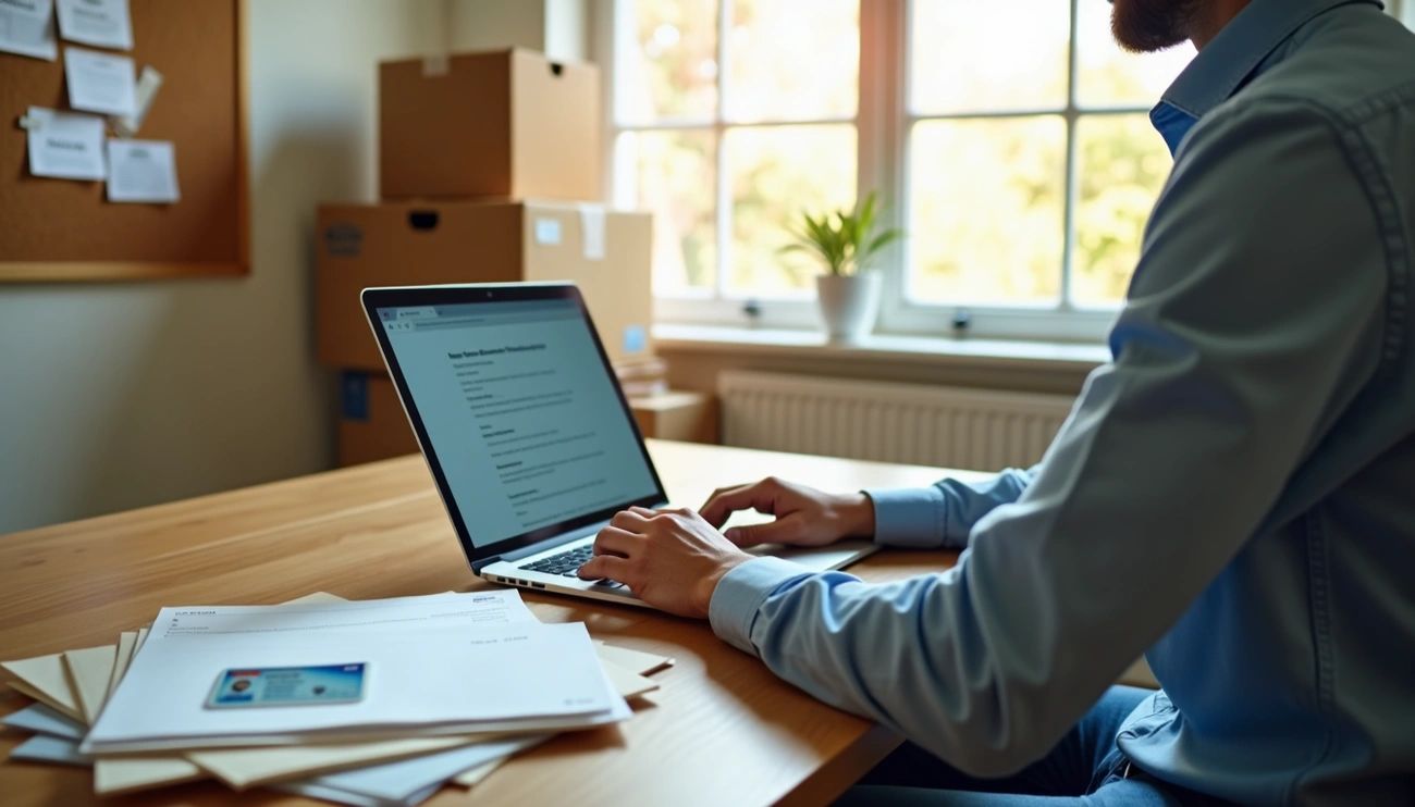Person using a laptop with moving boxes and documents while preparing to change address in Massachusetts