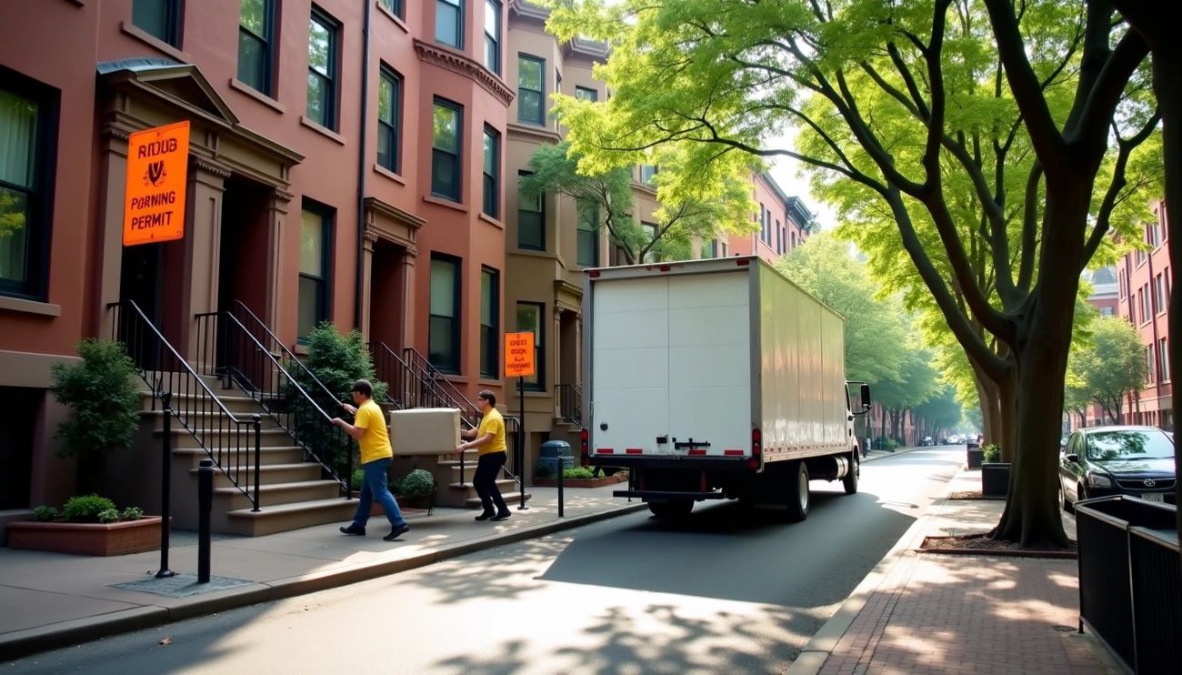 Moving truck parked on a tree-lined Brookline street with movers carrying boxes into a brownstone with posted moving permit signs