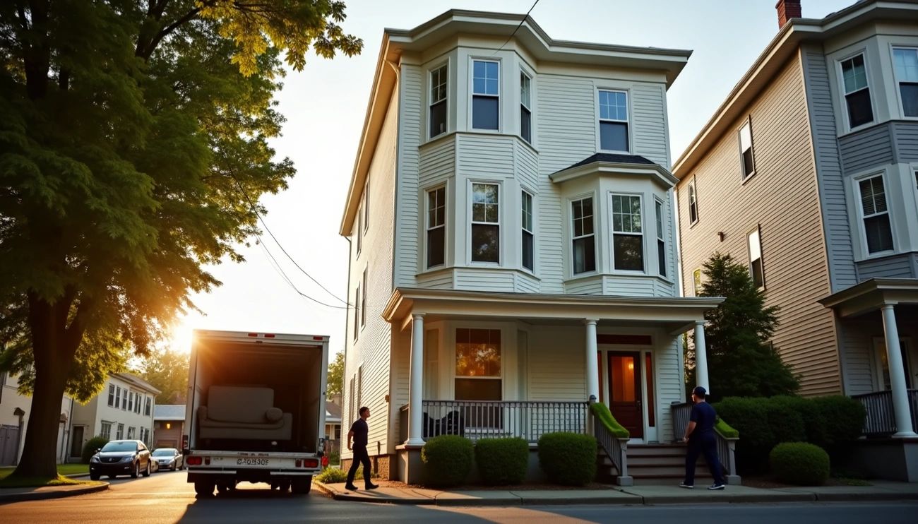 Moving truck parked outside a Somerville triple-decker home as movers prepare to unload furniture