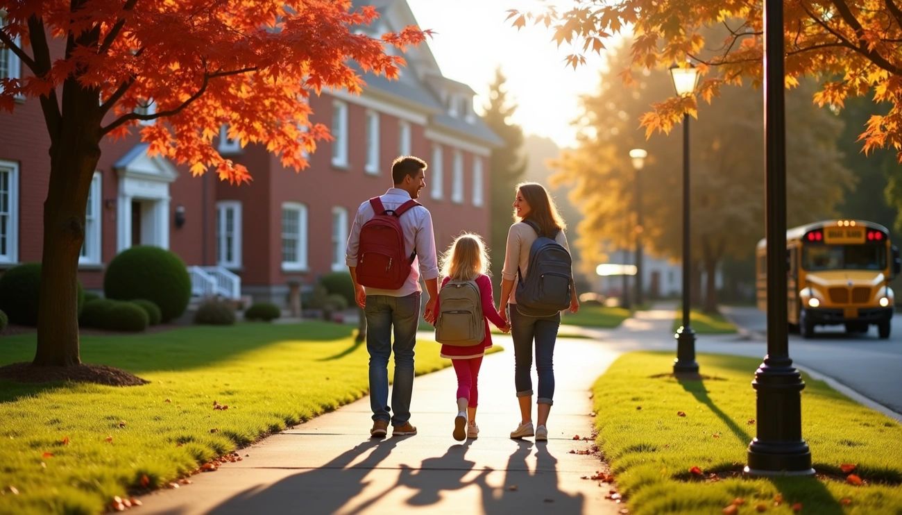 Family walking through a tree-lined Shrewsbury neighborhood near a public school campus during fall