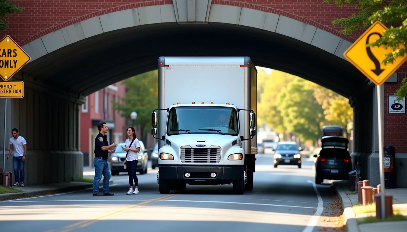 Moving truck stopped under a low-clearance bridge on Storrow Drive in Boston during moving day