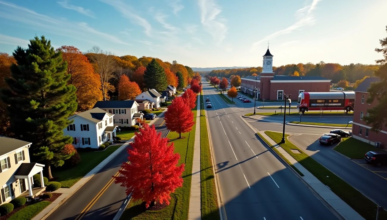 Aerial view of a Massachusetts suburban town with tree-lined streets, homes, and a town center in fall
