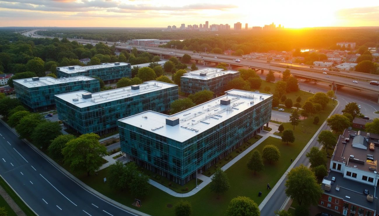 Aerial view of Marlborough Massachusetts office parks near Route 495 at sunset, highlighting the MetroWest tech corridor