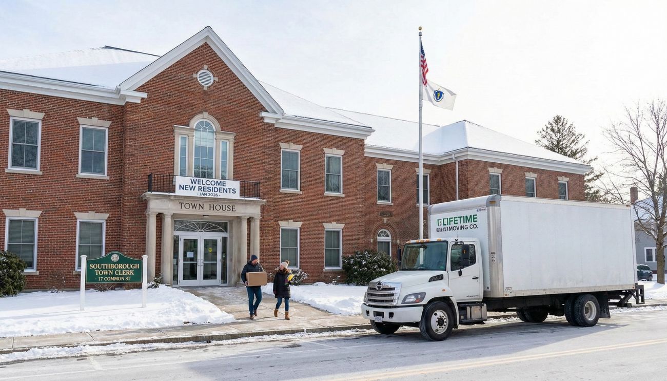 A white Lifetime Moving Co. truck parked in front of the Southborough Town House at 17 Common Street during a clear January 2026 day, symbolizing a new resident's first stop to update their local address.