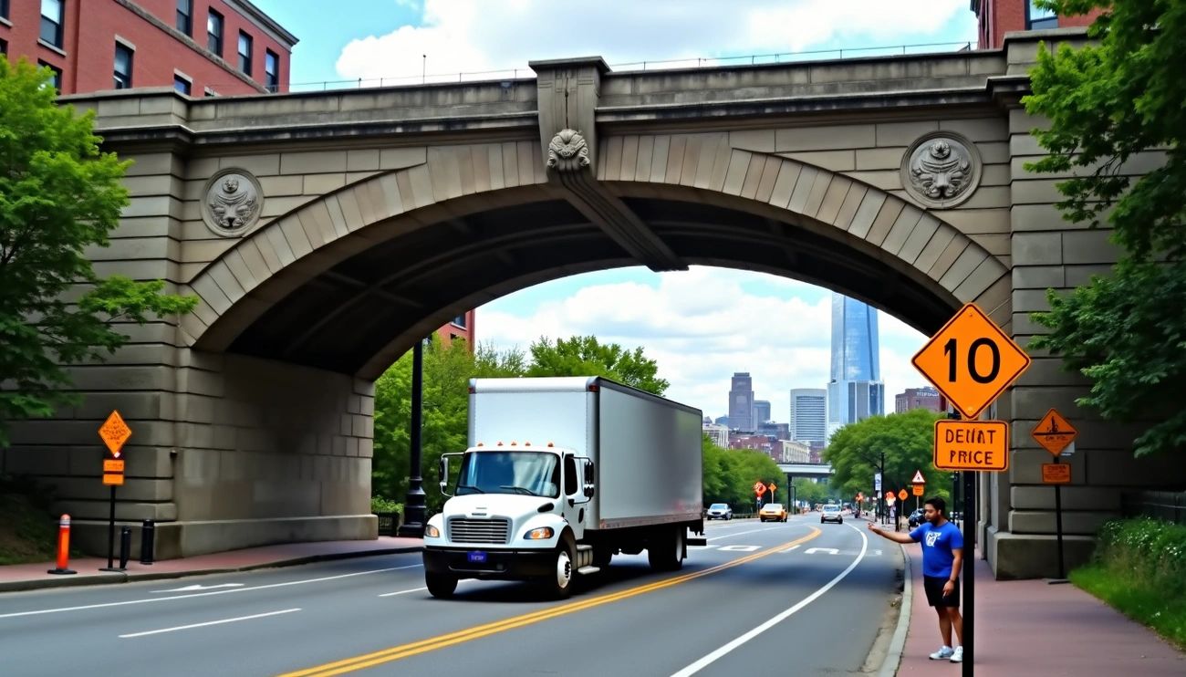 A white Lifetime Moving Co. truck successfully navigating a safe route under a high-clearance overpass in Boston, with clear 'CARS ONLY' warning signs visible on the restricted parkway entrance in the background.