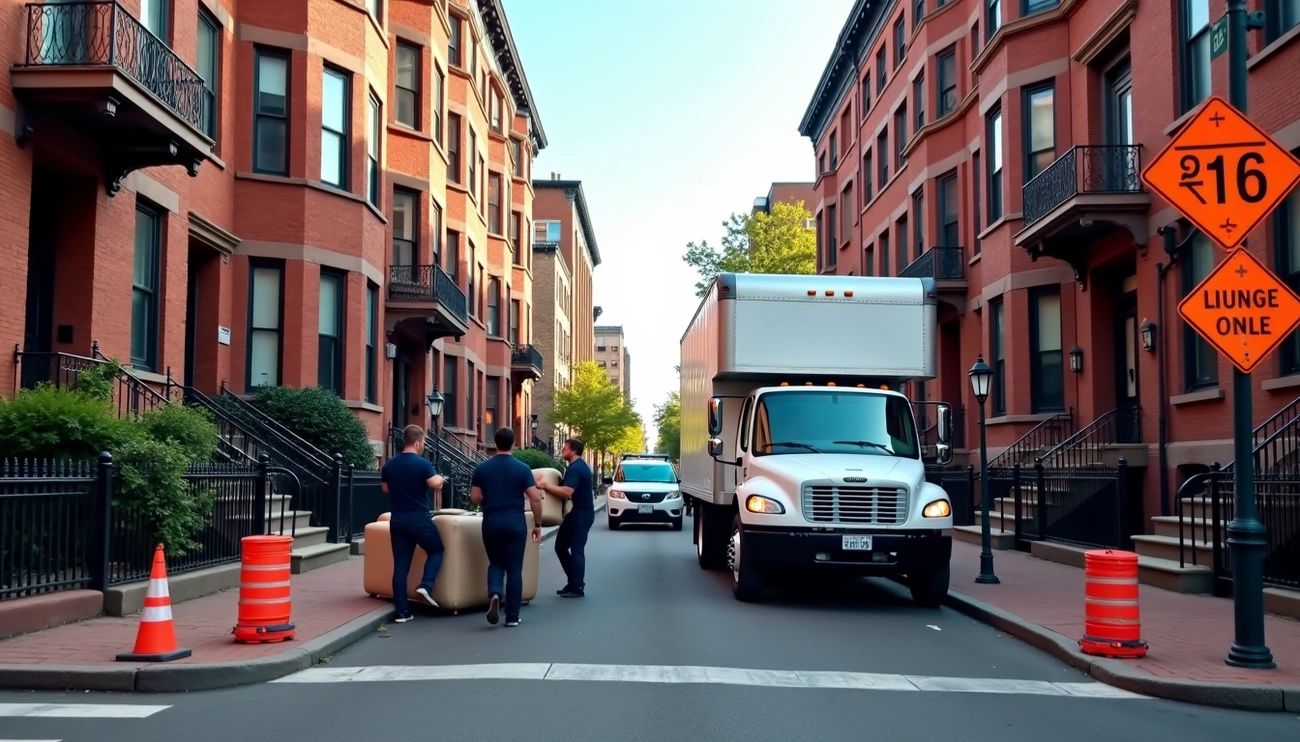 A white Lifetime Moving Co. truck parked legally in a reserved Boston street space, with movers carrying furniture past historic red brick brownstones and official City of Boston 'No Parking' signs.