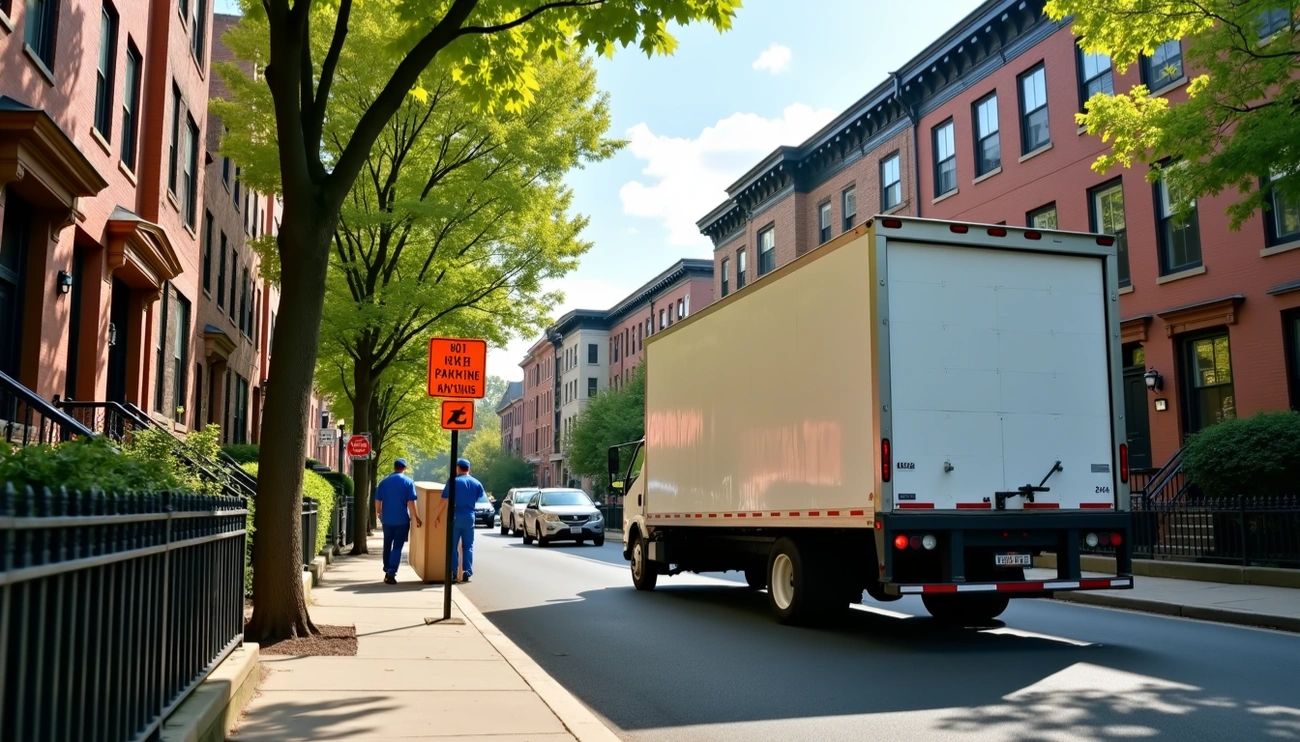 A large moving truck parked on a residential street with a "No Parking" sign visible on the sidewalk, illustrating the need for a moving permit.