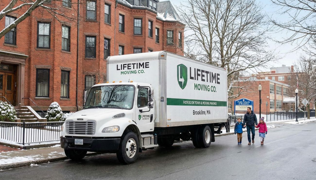 A white Lifetime Moving Co. truck parked on a snowy street in Brookline, MA, in front of historic brick townhomes. A father and two young children walk happily on the sidewalk toward a local school building, symbolizing a successful family relocation.