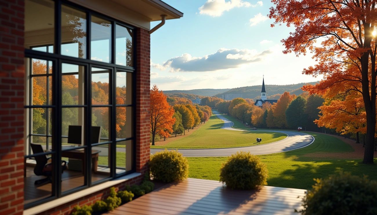 A Lifetime Moving Co. truck parked near a modern home in Southborough, MA, with a view of the scenic 495 Tech Corridor and the Southborough commuter rail station in the background.