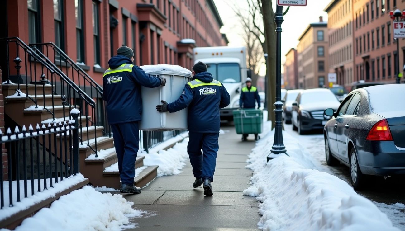 A Lifetime Moving Co. crew carrying a large moisture-resistant bin up snowy steps to a brick townhome in Brighton, MA during a January 2026 move.