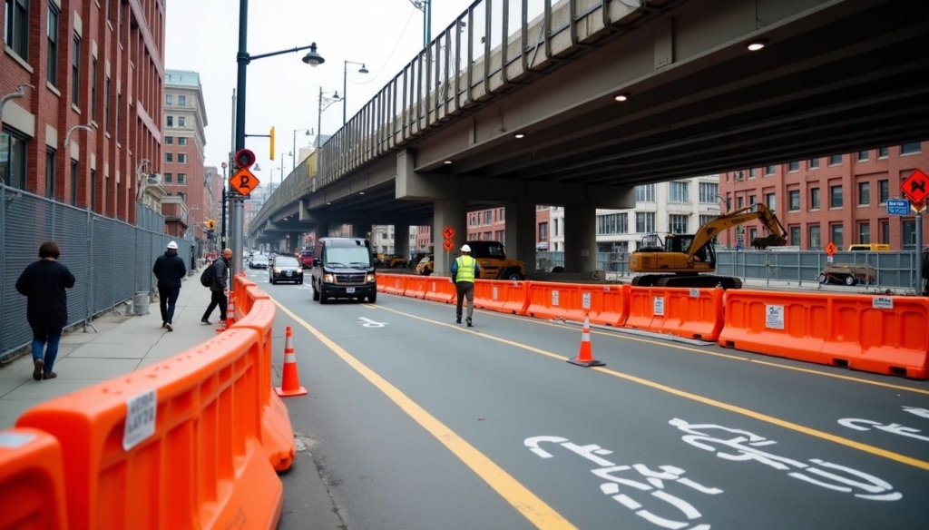 Cambridge Street Bridge construction with orange barriers, bike lane closure, and workers under Mass Pike overpass in Allston
