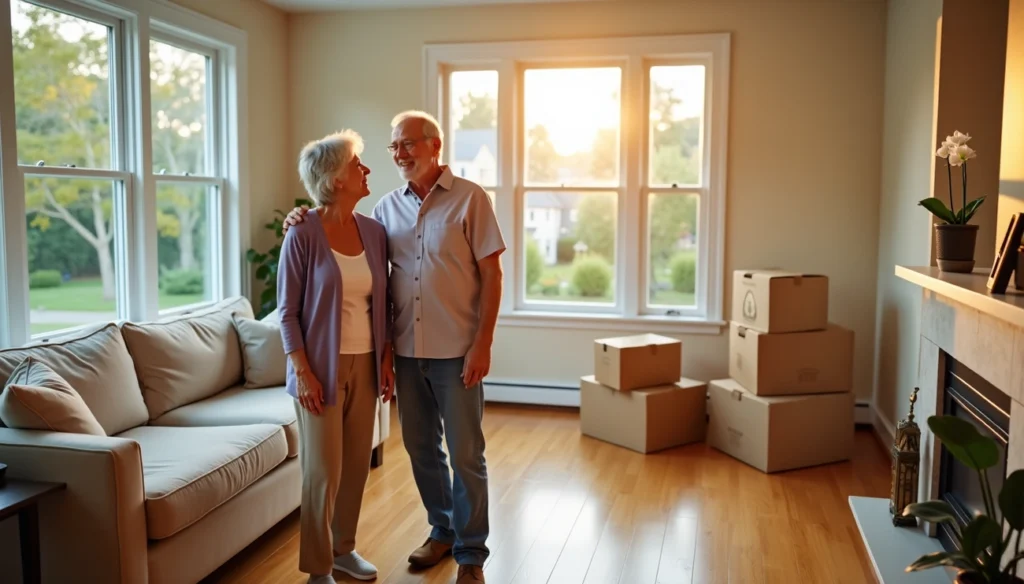 A Lifetime Moving Co. specialist helping an elderly couple organize boxes for their Northborough downsizing move.