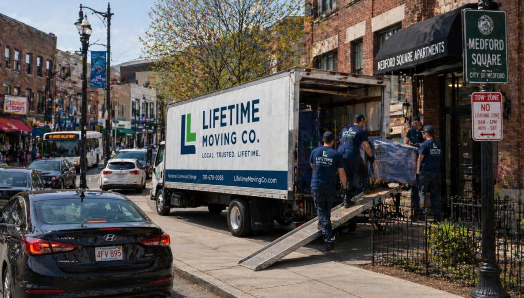 A Lifetime Moving Co. crew using a ramp to load an apartment in Medford Square, surrounded by bustling city traffic.