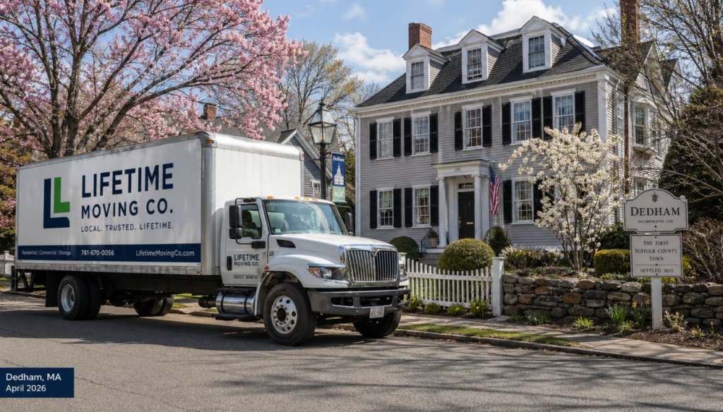 A Lifetime Moving Co. truck parked on a quiet residential street in Dedham, MA, near a historic New England home in April 2026.