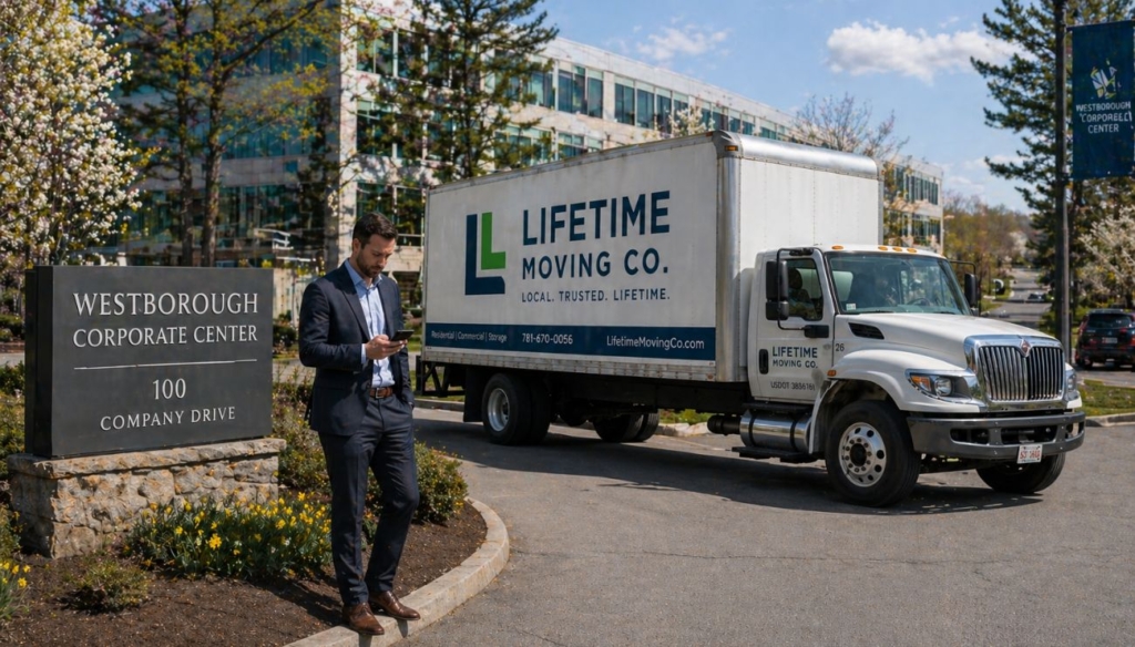 A business professional checking their phone next to a Lifetime Moving Co. truck at a corporate park in Westborough, MA.