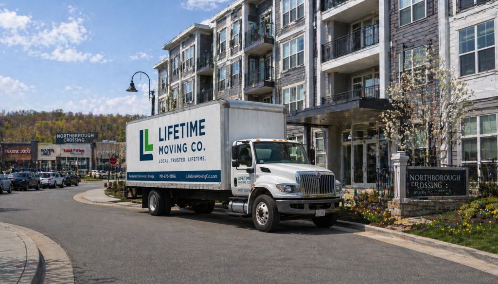 Modern apartment buildings near the Northborough Crossing retail center, with a moving truck arriving in April.