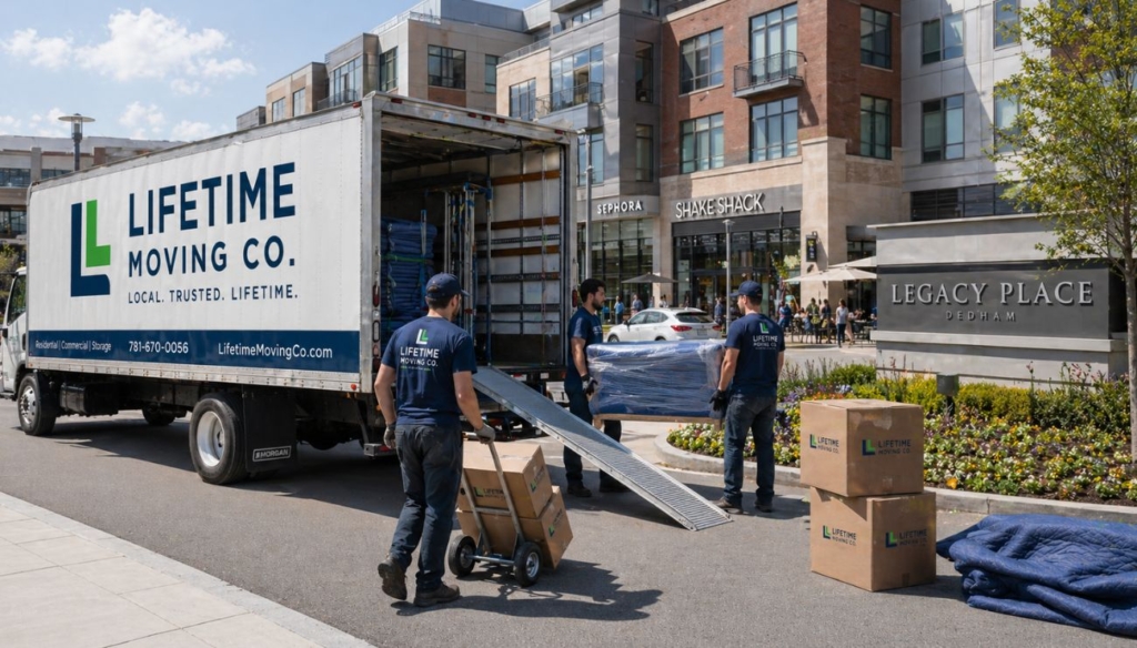 Professional movers unloading a truck near a luxury apartment complex at Legacy Place, Dedham, during a busy April afternoon.
