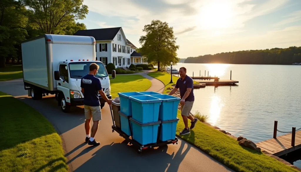 Professional movers unload blue storage bins from a truck beside a lakeside home at sunset.