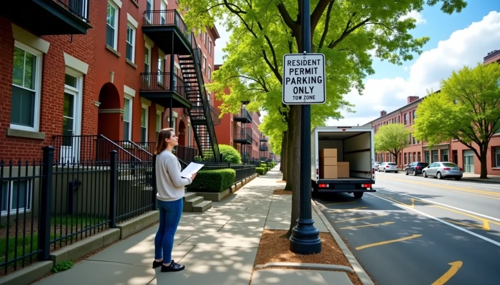 Person reviewing parking regulations beside a moving truck parked on a tree-lined city street with resident permit parking signs.