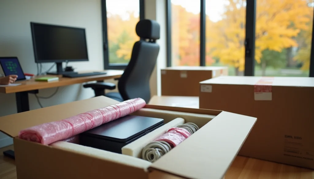 Open moving boxes containing office equipment and cables in a modern workspace during an office relocation.