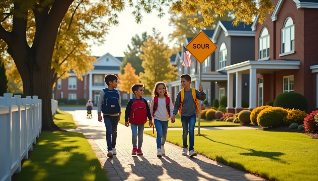 Children walking to school on a suburban sidewalk during a sunny autumn morning.