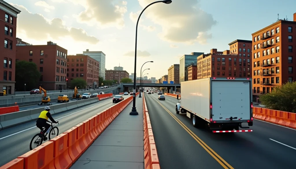 Moving truck traveling through an urban roadway construction zone with traffic barriers and city buildings in the background.