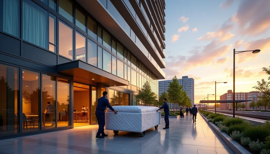 Movers transport a mattress into a modern apartment building at sunset in an urban residential area.