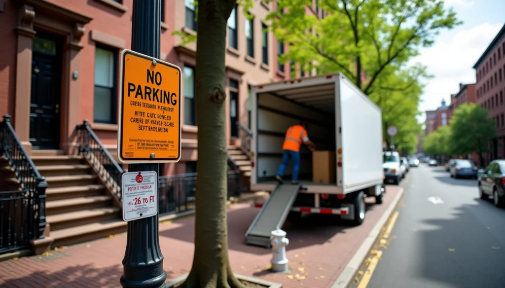 Moving truck parked on a city street near a no-parking sign while a worker unloads boxes into a residential building.