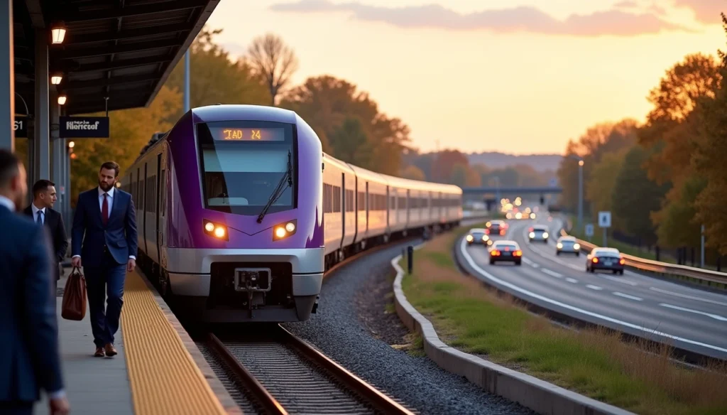 Commuters board a passenger train at a station beside a busy highway during sunset.