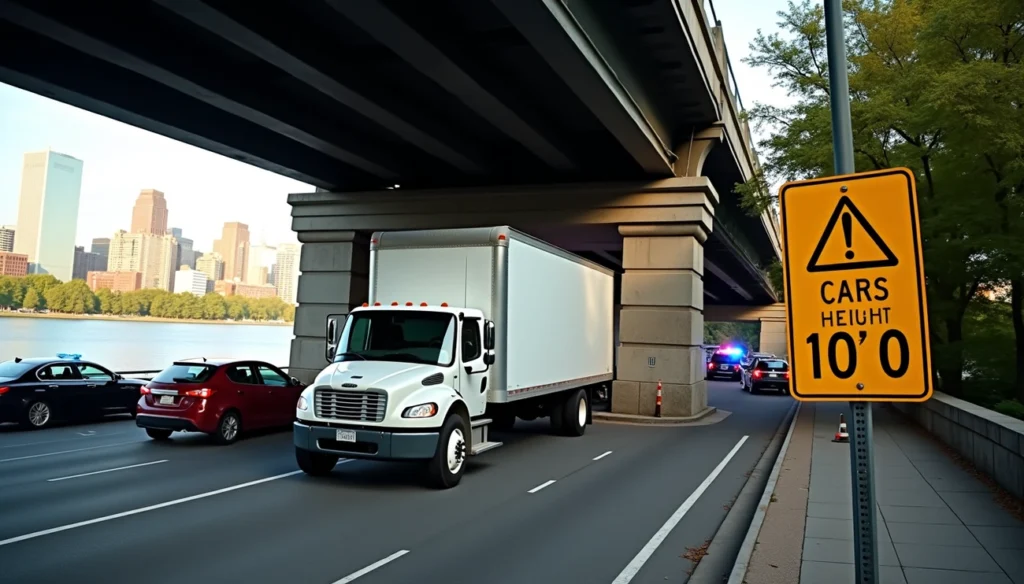 Box truck driving beneath a low-clearance bridge beside a riverfront roadway, with a height restriction warning sign in the foreground.
