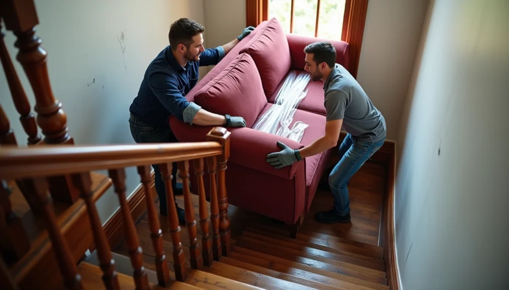 Two movers carefully carry a sofa down a narrow staircase inside a home during a residential move.