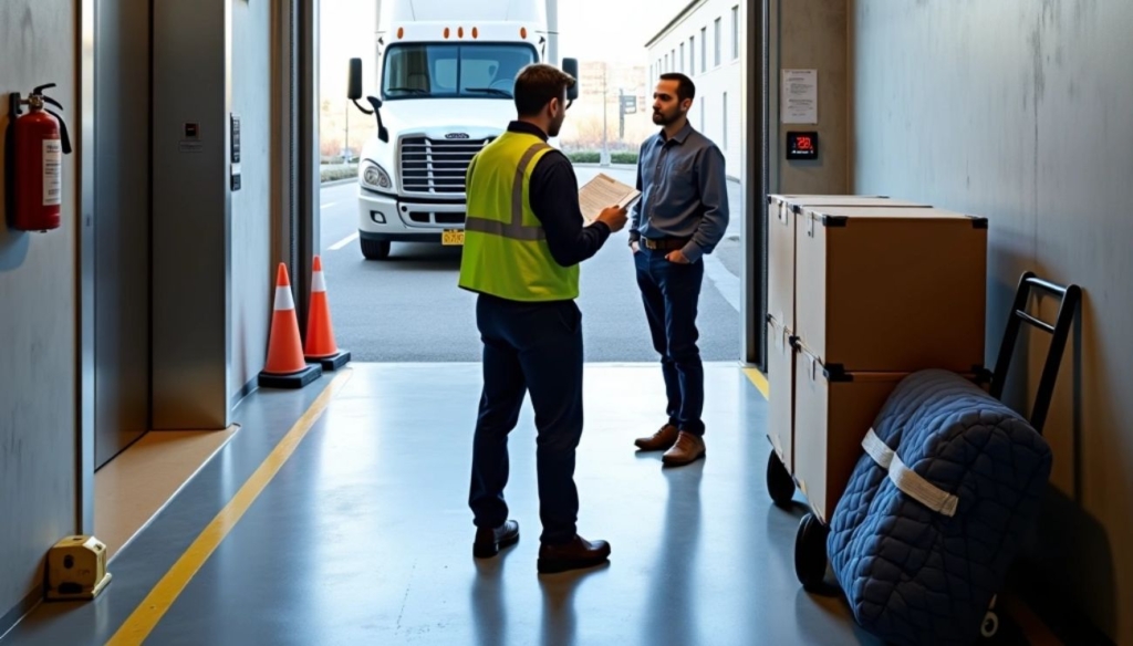 Commercial mover reviewing paperwork with a client near a loading dock while a moving truck waits outside and packed items are ready to load.