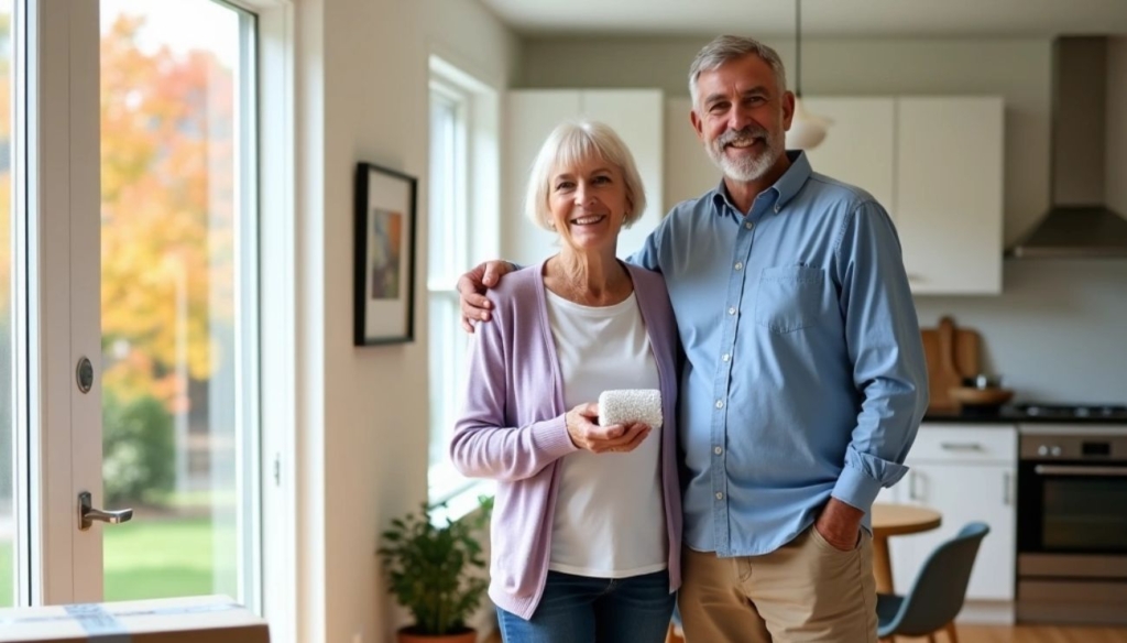 An older couple stands in their new Northborough apartment surrounded by moving boxes while planning a smooth downsizing move with Lifetime Moving Co.
